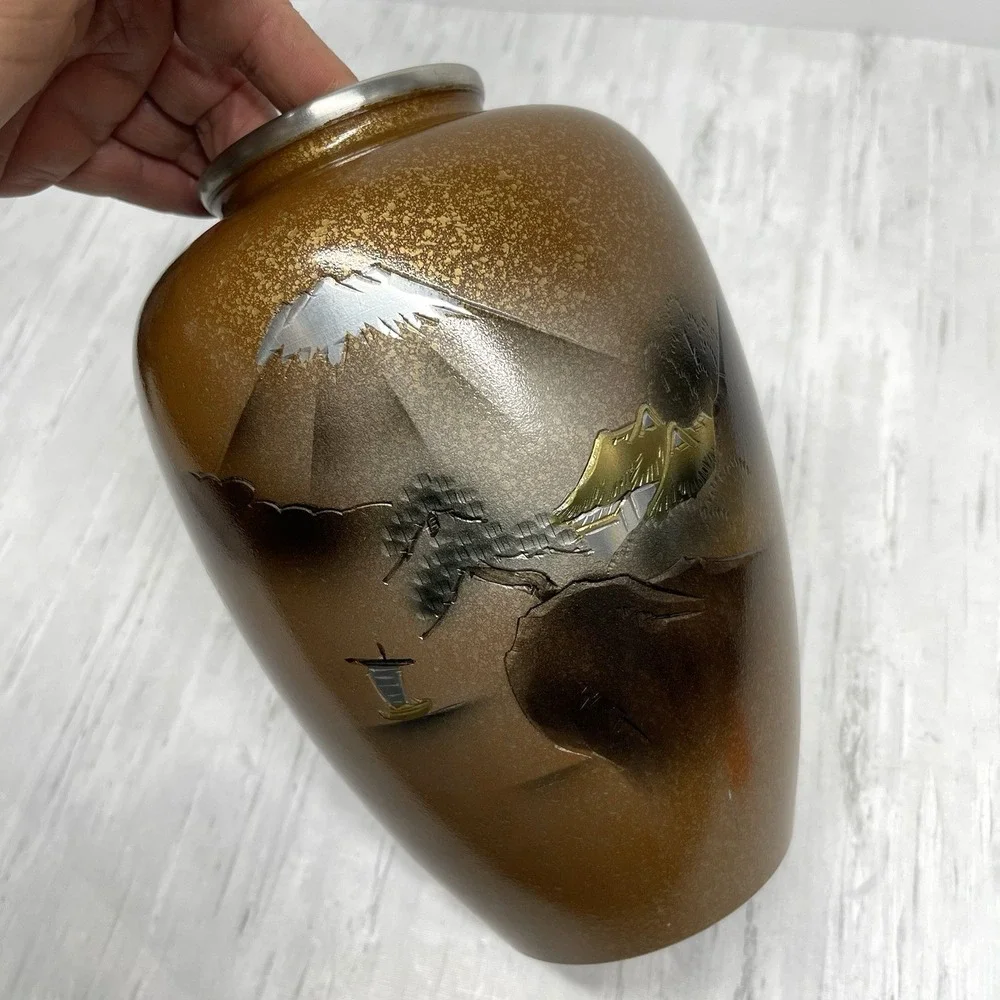 Japanese Chokin Vase Mixed Metal Etched Mount Fuji & Village Enamel Gold 8.5